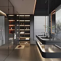 Modern Bathroom Interior Design With Glass Shower Black Floating Vanity Open Shelving And Blinds