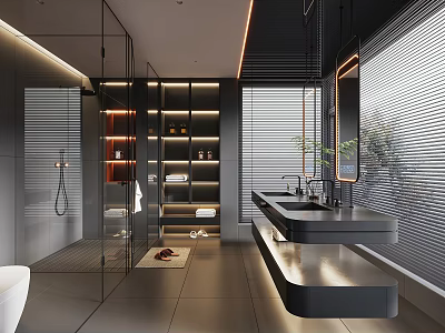 Modern Bathroom Interior Design With Glass Shower Black Floating Vanity Open Shelving And Blinds 3d model
