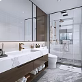 Modern Bathroom Interior With Marble Double Vanity Wooden Cabinets Large Mirror And Shower Area