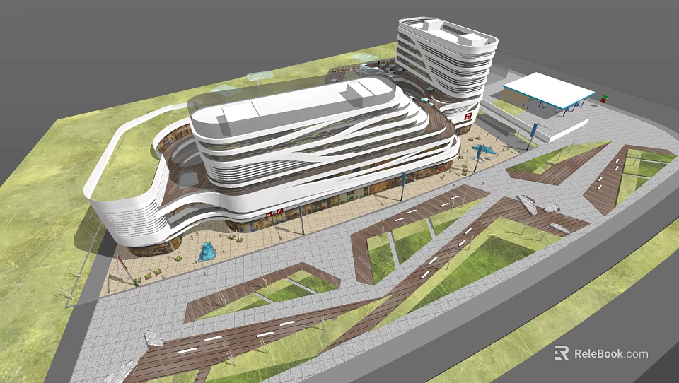 Modern Commercial Complex Featuring Contemporary Architecture Plaza Green Areas And Pedestrian Walkways 3d model 