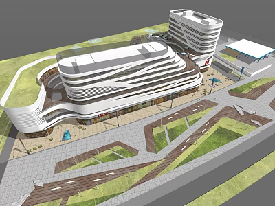 Modern Commercial Complex Featuring Contemporary Architecture Plaza Green Areas And Pedestrian Walkways 3d model