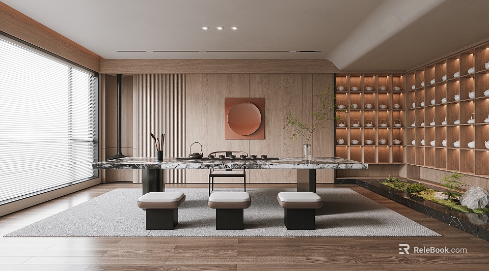 Modern Tea Room With Marble Table Low Stools Wooden Walls And Display Shelves 3d model 