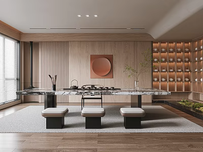 Modern Tea Room With Marble Table Low Stools Wooden Walls And Display Shelves 3d model