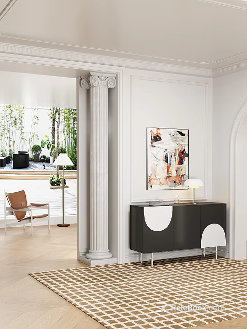 Modern Entryway Cabinet And Sideboard Interior Design With Black Finish White Details And Table Lamp 3d model 