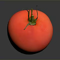 Fresh Red Tomato with Green Stem and Leaves on Dark Reflective Surface