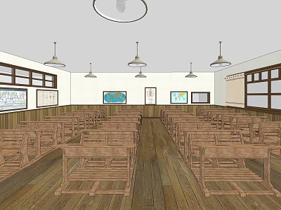 School Classroom Interior With Wooden Desks Chairs Maps Posters And Ceiling Lights 3d model