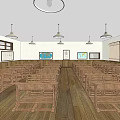 School Classroom Interior With Wooden Desks Chairs Maps Posters And Ceiling Lights