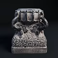 Intricate Stone Sculpture Featuring Elephant Carvings On Drum Shaped Base With Decorative Patterns