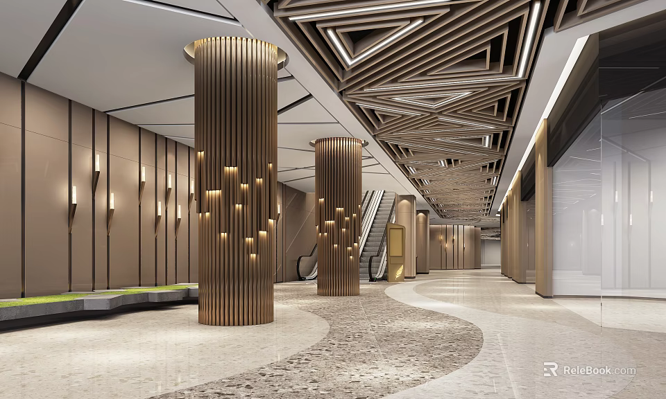 Modern Elevator Hallway With Golden Pillars Geometric Ceiling Wall Light Strips And Marble Flooring 3d model 