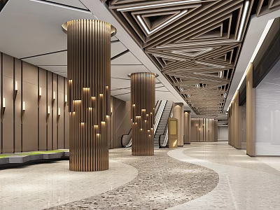 Modern Elevator Hallway With Golden Pillars Geometric Ceiling Wall Light Strips And Marble Flooring 3d model