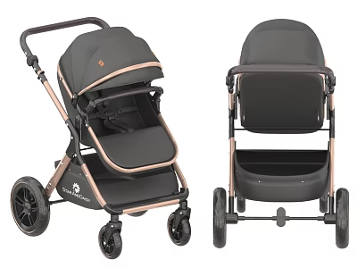 Black And Rose Gold Baby Stroller With Sun Canopy Wheels And Seat 3d model