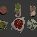 Fresh Food Collection with Strawberries Green Vegetables in Sacks Woven Baskets and Clay Pot