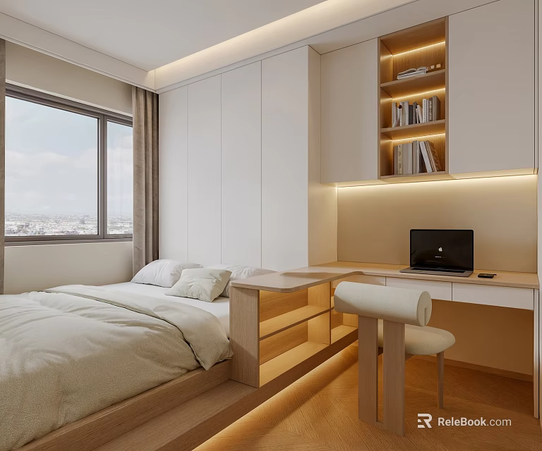 Modern Tatami Bedroom Interior With Tatami Bed Wooden Desk Laptop And Large Window 3d model 