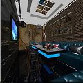 Modern Stylish KTV Interior Design With Blue Sofas Brick Walls Blue Lighting And Decorative Paintings
