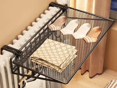 Black Metal Wire Radiator Shelf with Folded Towels and Socks 3d model
