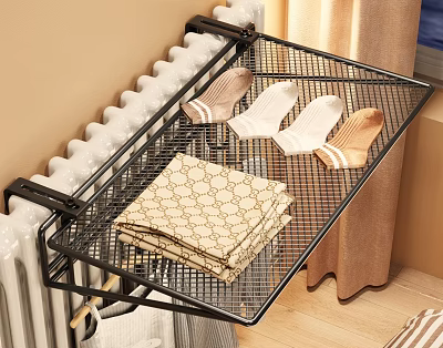 Black Metal Wire Radiator Shelf with Folded Towels and Socks 3d model