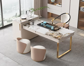 Modern Tea Table and Chair Combination Marble Tea Table Rock Board Tea Table Metal Chair Sofa Stool Tea Set Bookcase Kettle 3d model