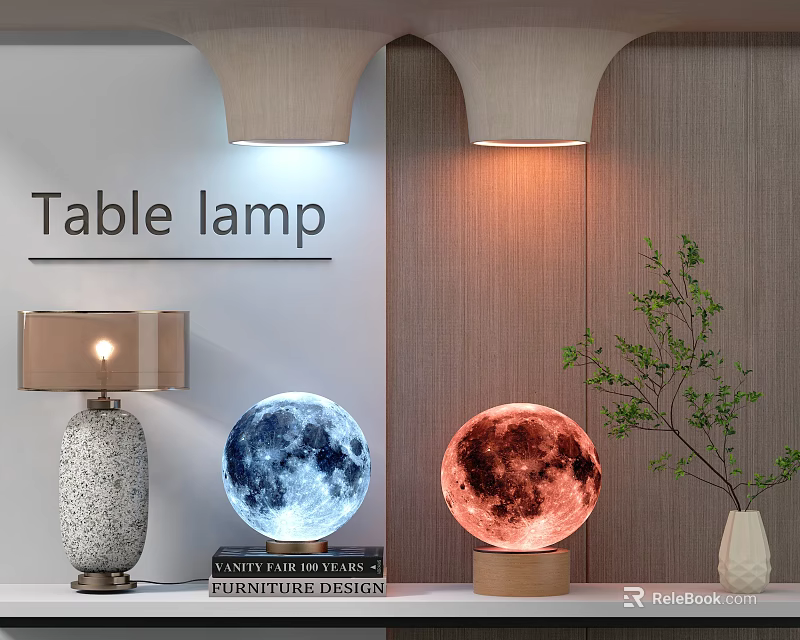 Stylish Table Lamps With Lampshade Moon Shaped Blue Red Designs Wooden Base And Green Plant 3d model 