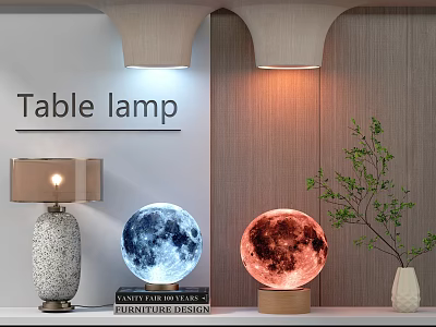 Stylish Table Lamps With Lampshade Moon Shaped Blue Red Designs Wooden Base And Green Plant 3d model