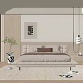 Modern Bedroom Interior With Neutral Tones Bed Pendant Light Artwork And Bookshelf