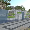Outdoor Water Fountain with Stone Wall Green Plants and People Walking in Sunlit Public Space