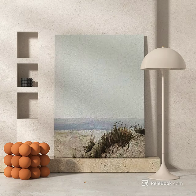 Minimalist Abstract Painting On Wall With Floor Lamp And Orange Decor Elements 3d model 