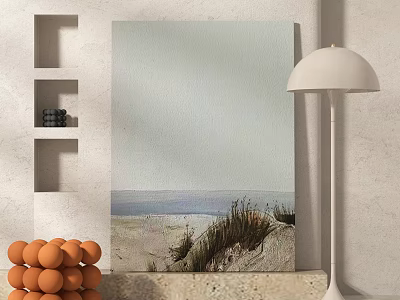 Minimalist Abstract Painting On Wall With Floor Lamp And Orange Decor Elements 3d model