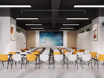 Modern Meeting Room Interior With Tables Yellow White Chairs Large Screen And Green Plants 3d model