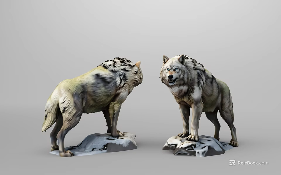Two Detailed Wolf Sculptures With Snowy Base In Standing Pose 3d model 