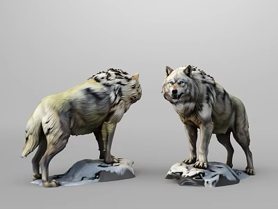 Two Detailed Wolf Sculptures With Snowy Base In Standing Pose 3d model
