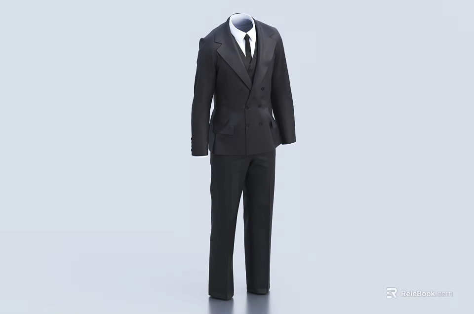 Black Double Breasted Suit Set With White Shirt And Black Tie Formal Wear 3d model 