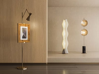 Modern Floor Lamp With Metal Stand And Decorative Painting In Wooden Interior Space 3d model