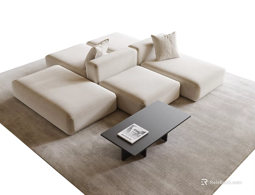 Beige Modular Sofa And Black Coffee Table Set With Cushions On Light Rug 3d model 