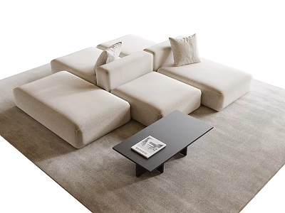 Beige Modular Sofa And Black Coffee Table Set With Cushions On Light Rug 3d model