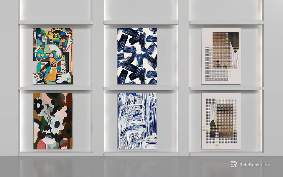 Abstract Paintings Displayed on White Shelves in Two Rows with Various Colorful Designs 3d model 