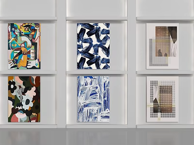 Abstract Paintings Displayed on White Shelves in Two Rows with Various Colorful Designs 3d model