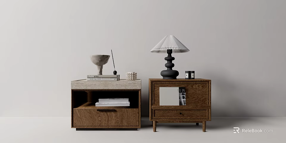 Modern Wooden Storage Cabinets with Minimalist Design Featuring Lamp Books and Decorative Items 3d model 