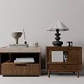 Modern Wooden Storage Cabinets with Minimalist Design Featuring Lamp Books and Decorative Items