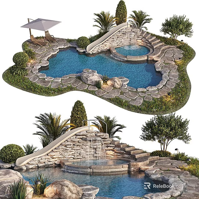 Garden Landscape With Swimming Pool Waterfall Stone Steps And Lush Greenery 3d model 