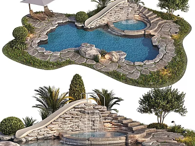 Garden Landscape With Swimming Pool Waterfall Stone Steps And Lush Greenery 3d model