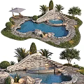 Garden Landscape With Swimming Pool Waterfall Stone Steps And Lush Greenery
