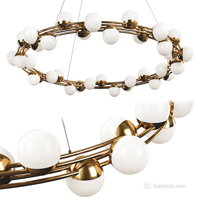 Modern Chandelier Design With White Globes And Gold Metal Circular Rings 3d model 
