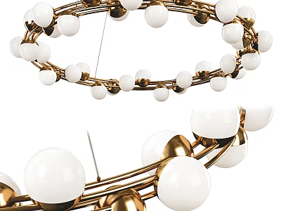 Modern Chandelier Design With White Globes And Gold Metal Circular Rings 3d model