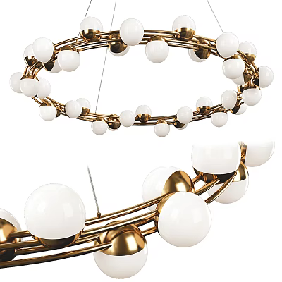 Modern Chandelier Design With White Globes And Gold Metal Circular Rings 3d model