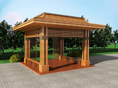 Traditional Wooden Pavilion Design Surrounded by Green Trees and Grass on Brick Pavement 3d model