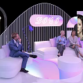 Modern Photo Check in Spot With Curved Structure Logo Sign White Sofas And Purple Lighting