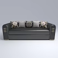 Black Three Seater Sofa With Patterned Cushions And Golden Accents 3d model