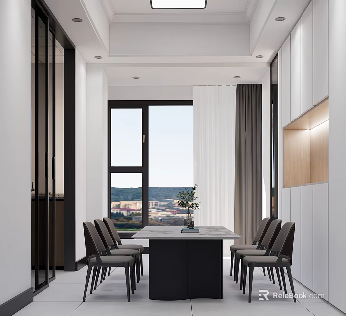 Modern Restaurant Interior With Dining Table Chairs And City View Window 3d model 
