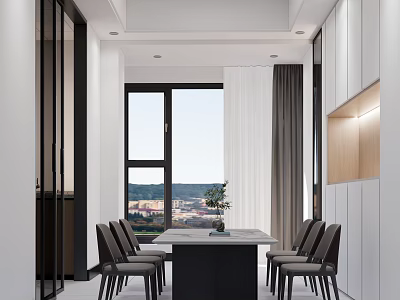 Modern Restaurant Interior With Dining Table Chairs And City View Window 3d model
