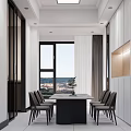 Modern Restaurant Interior With Dining Table Chairs And City View Window
